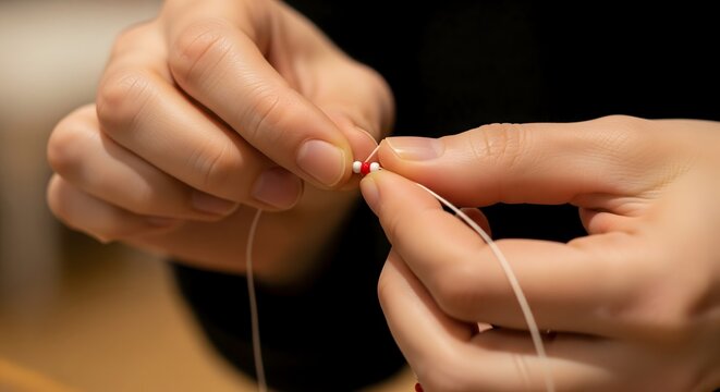 Close-up of person hands stringing small beads onto white thread to create jewelry