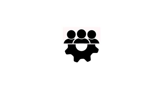 Black icon of three people above a black gear on a white background with a subtle pink overlay group