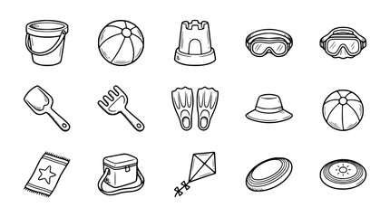 Summer Beach Vacation Icons: Sand Bucket, Ball, Castle, Goggles, Flippers, Kite © Janganan