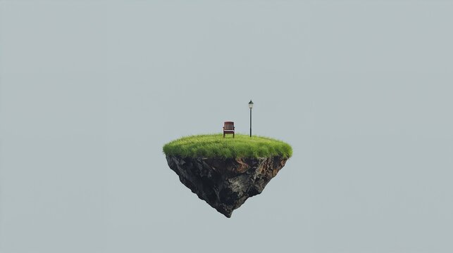 AI Generative. Surreal 3D Floating Green Grass Island with Chair and Lamppost. 3