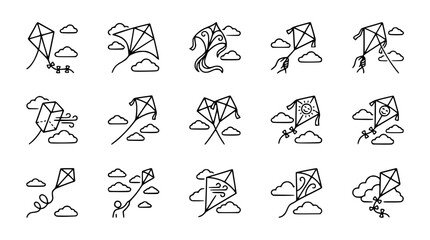 Fototapeta premium Kite Flying Icon Set: Outline Drawings of Kites and Clouds, Fun Outdoor Activity
