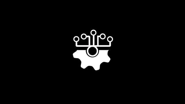 White icon of a gear with digital connections and nodes on a black background technology network
