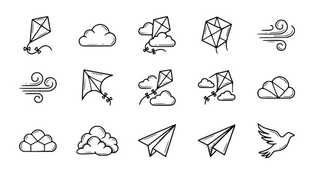Doodle Icons: Kites, Clouds, Paper Airplanes, Wind, Dove - Hand Drawn Vector Elements