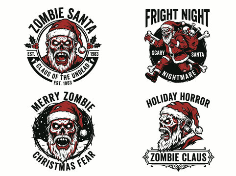Set of zombie santa claus illustrations for christmas horror theme