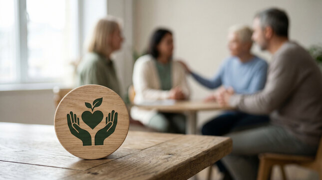 Diverse Community People Participating In Wellness Programs At Support Center With Wooden Signage In Peaceful Natural Environment