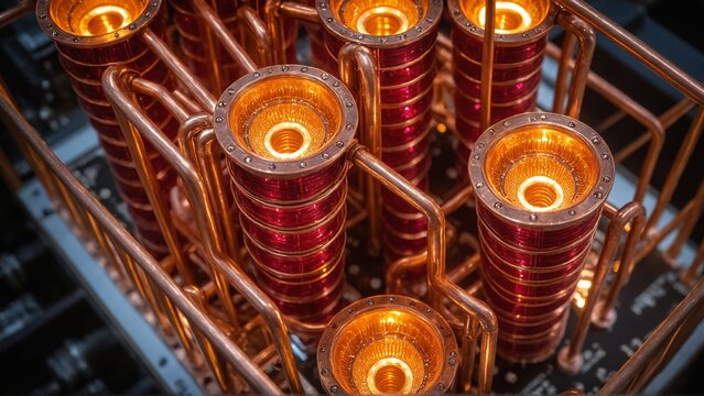 High density macro view of cascading cryogenic qubit motherboard and wiring
