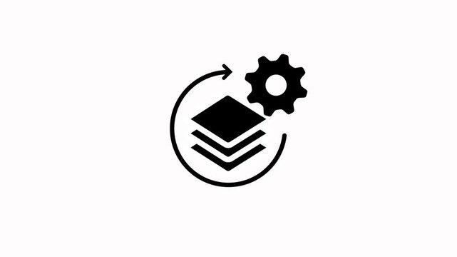 Black icon of stacked squares with a circular arrow on a white background layers data