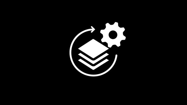 White icon of stacked squares with a circular arrow on a black background layers data