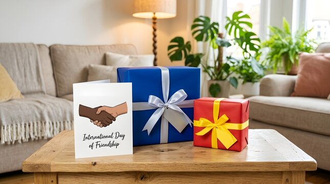 International day of friendship celebration with gifts and greeting card in a bright living room setting