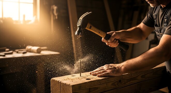 Craftsman using a hammer to drive a nail into wood in a workshop