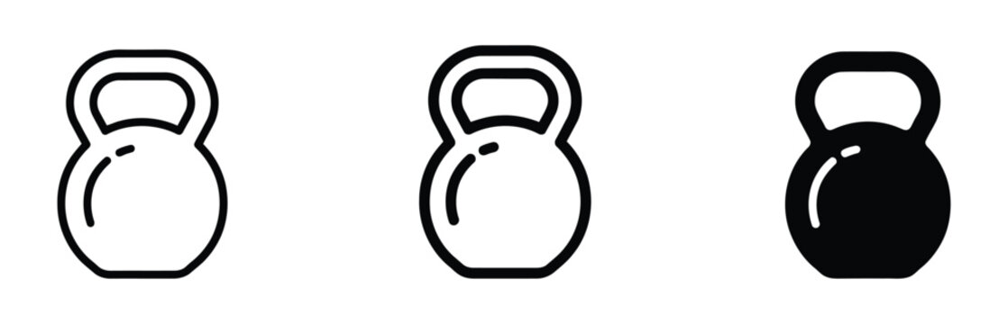 Set of kettlebell gym equipment icons in solid, outline, and sketch styles. Kettlebell weight for fitness training: Glyph and solid icon set - Icon vector - Editable line icons. Vector illustration.