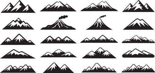 Mountain range and volcano silhouette collection showcasing snowy peaks and erupting craters for adventure and travel concepts. © Kamrun82