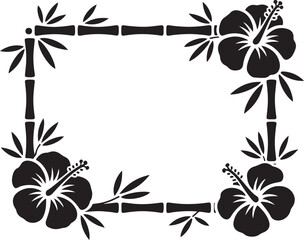Bamboo frame with hibiscus flowers and leaves forming a square border for tropical theme invitations and exotic floral layouts. © Kamrun82