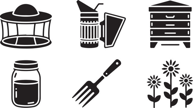 Beekeeping equipment icons collection featuring hives tools smoker jars and flowers representing apiculture industry and hobby.