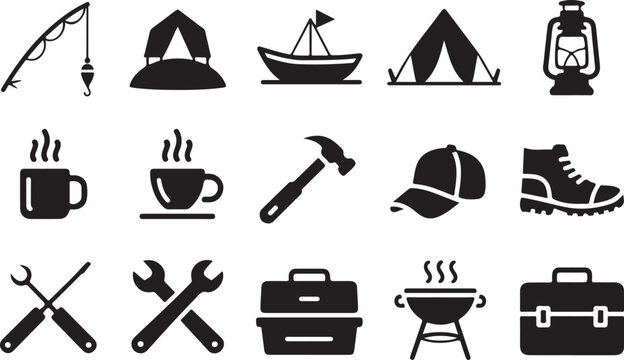 Diverse camping and outdoor activity icons featuring gear tools transportation items and leisure equipment for wilderness adventure.