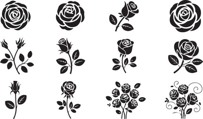 Black silhouette rose set isolated on white background with different blossom styles for invitation greeting card decoration. © Kamrun82