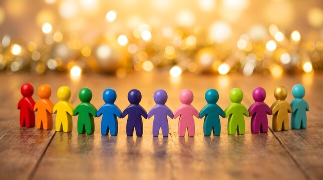 Diverse group of people standing together in unity and solidarity with colorful figurines on a wooden surface