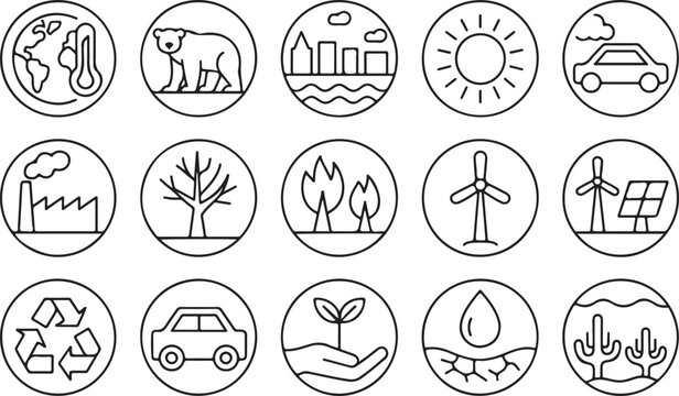 Eco friendly and environmental protection icons show earth climate change pollution renewable energy and transportation symbols.