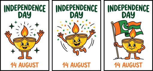 Fototapeta premium Pakistan Independence Day 14 August Cute Diya Oil Lamp Mascot Cartoon Set Holding Pakistani Flag for Patriotic Poster and Greeting Card