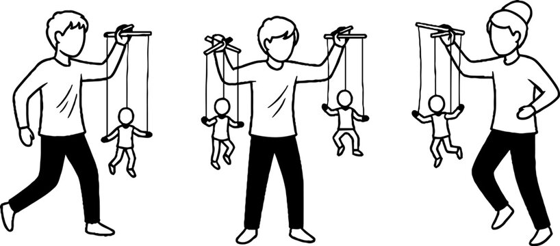 Illustration of man controlling marionette puppets on strings.