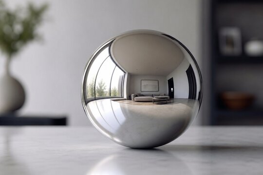 A chrome sphere reflecting a distorted minimalist room.