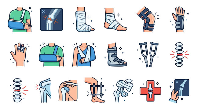Colorful icons of medical bandages, casts, and joint braces.