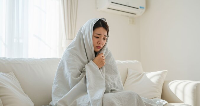 Woman sits on a couch wrapped in a blanket at home during a chilly day while looking deep in thought