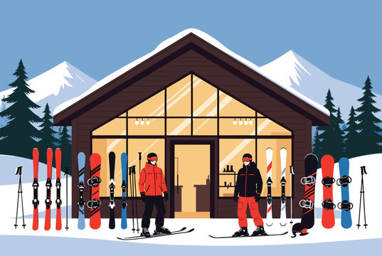 Winter sports enthusiasts stand with their gear in front of a contemporary wooden ski lodge nestled among snowy mountains and evergreen trees.