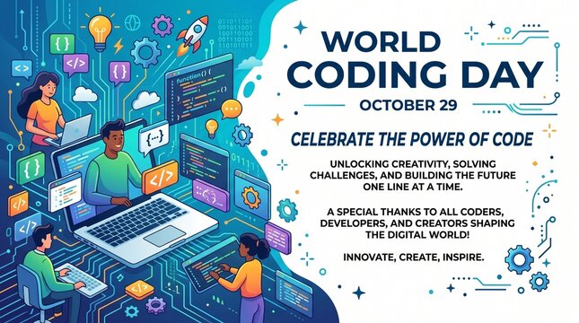 Futuristic World Coding Day Digital Banner with Coding Elements