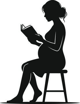 Elegant black silhouette of a pregnant woman sitting on a stool and reading a book peacefully