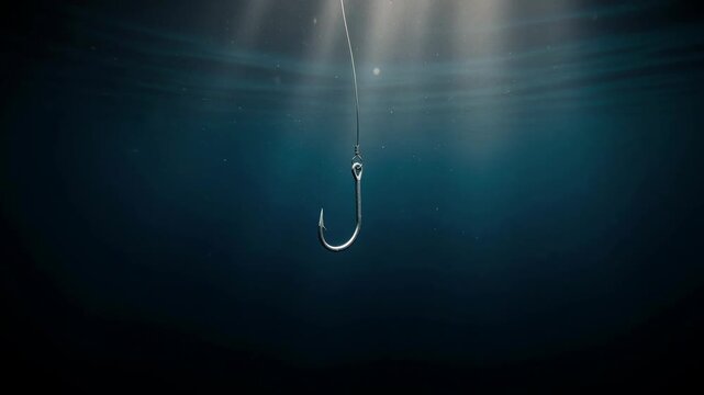 Solitary fishing hook gently swaying underwater with ethereal light beams in serene aquatic scene