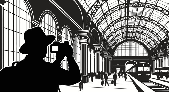 Silhouette of a photographer capturing images inside a grand train station terminal.