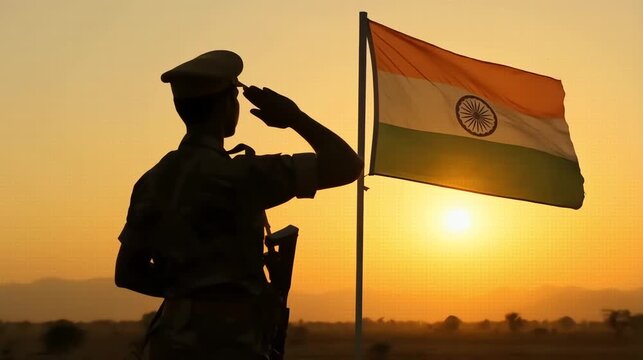 Kargil Vijay Diwas honoring Indian soldiers with flag at golden sunset