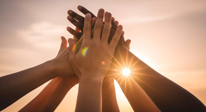 Diverse group of people stacking hands together against golden sunset sky