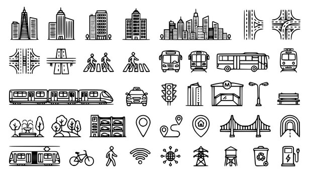 Modern Downtown Outline Icon Collection with Buildings Streets Transport and Urban Infrastructure