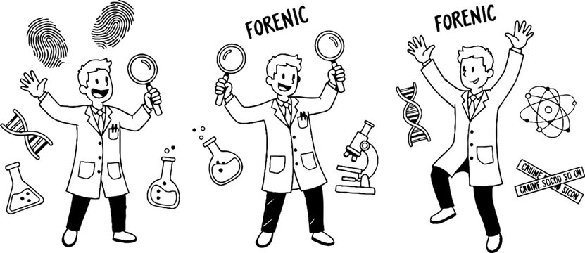 Cartoon scientists celebrating forensic discoveries in lab.