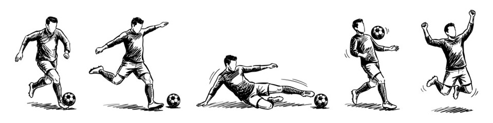Obraz premium Hand Drawn Soccer Player Action Poses Set, Football Athlete Sketch Logo Elements, Ink Line Art Illustrative Graphics of Kicking, Sliding Tackle, and Goal Celebration Vector Silhouettes