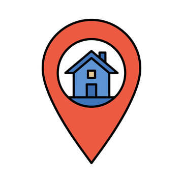 Red location pin with house icon, flat vector