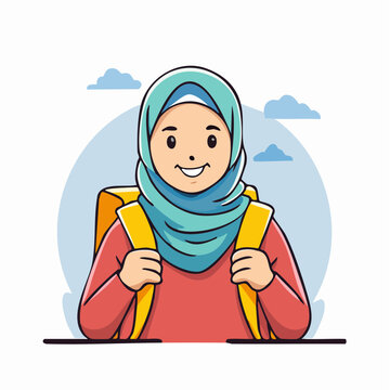 Smiling Muslim Girl Wearing Hijab with Backpack