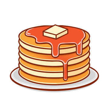 Stack of pancakes with syrup and butter on plate
