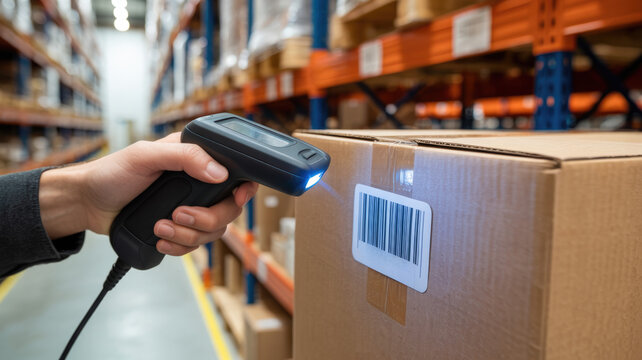 Hand scanning barcode on cardboard box in warehouse with scanner