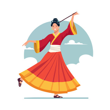 Traditional dancer in kimono performing with fan