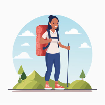 Woman hiker with backpack and trekking pole in mountains