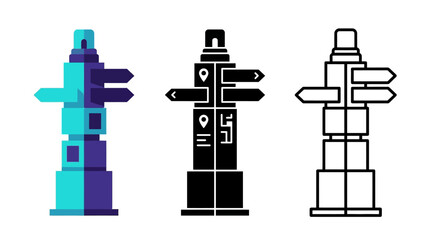Obraz premium Three totem pole icons in different colors and line styles with multiple directional signs isolated on white background