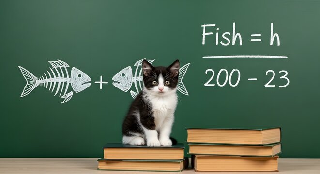 A cute black and white kitten sitting on a stack of books in front of a green chalkboard with a math equation and fish skeleton drawings