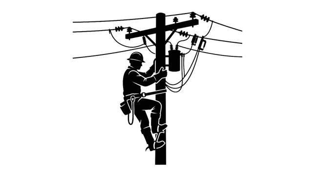 Electrical Line Worker Climbing Utility Pole Silhouette Vector Icon for Power Maintenance
