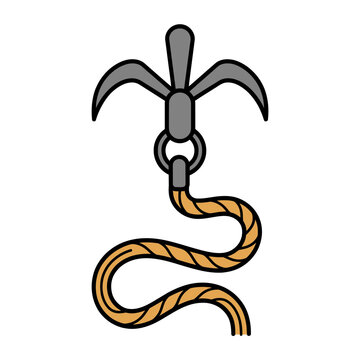 Flat illustration of a grappling hook with rope