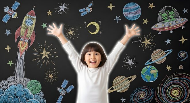 Happy child standing in front of a chalkboard with space drawings