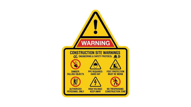Industrial Construction Site Safety Warning Sign with Protective Equipment Icons