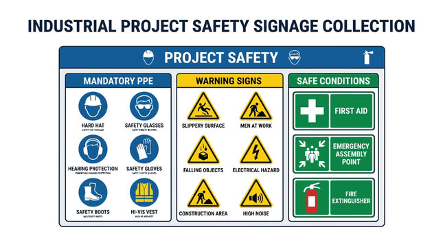 Comprehensive Industrial Safety Signage Collection with PPE Icons and Construction Warning Symbols
